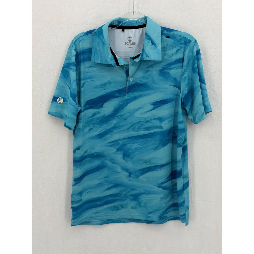 Scales Polo Shirt Men Small Blue Marble Coastal Ocean Waves Summer Outdoors Golf